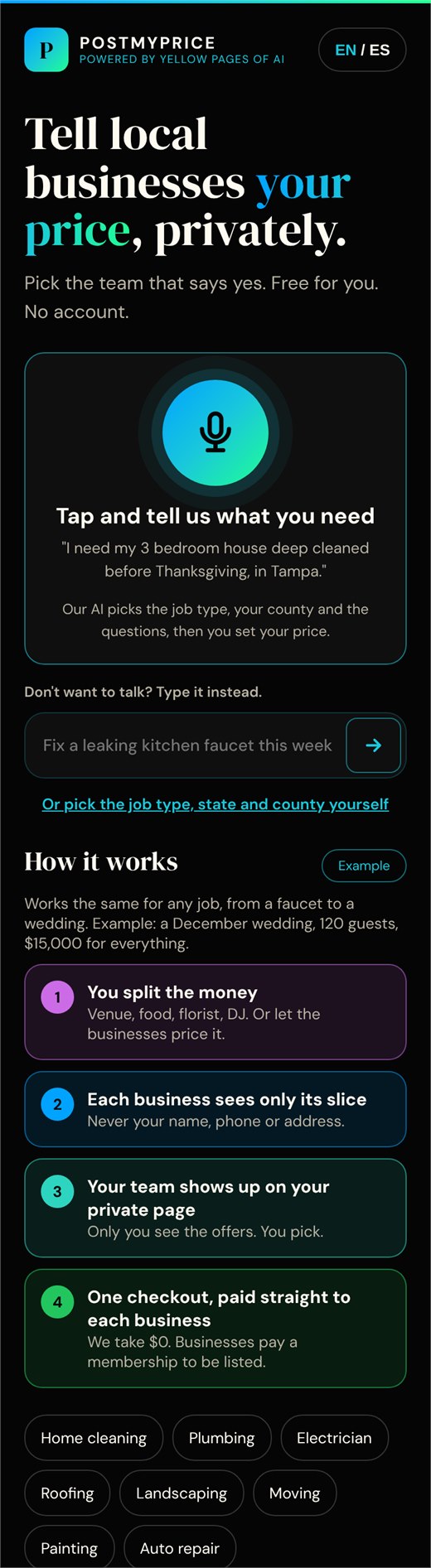 Diseño de PostMyPrice: Inicio · vista previa en inglés. Vista previa de ejemplo, no captura de la aplicación en vivo.