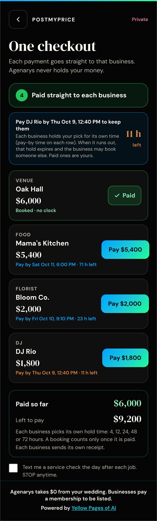 Diseño de PostMyPrice: Un solo pago · vista previa en inglés. Vista previa de ejemplo, no captura de la aplicación en vivo.