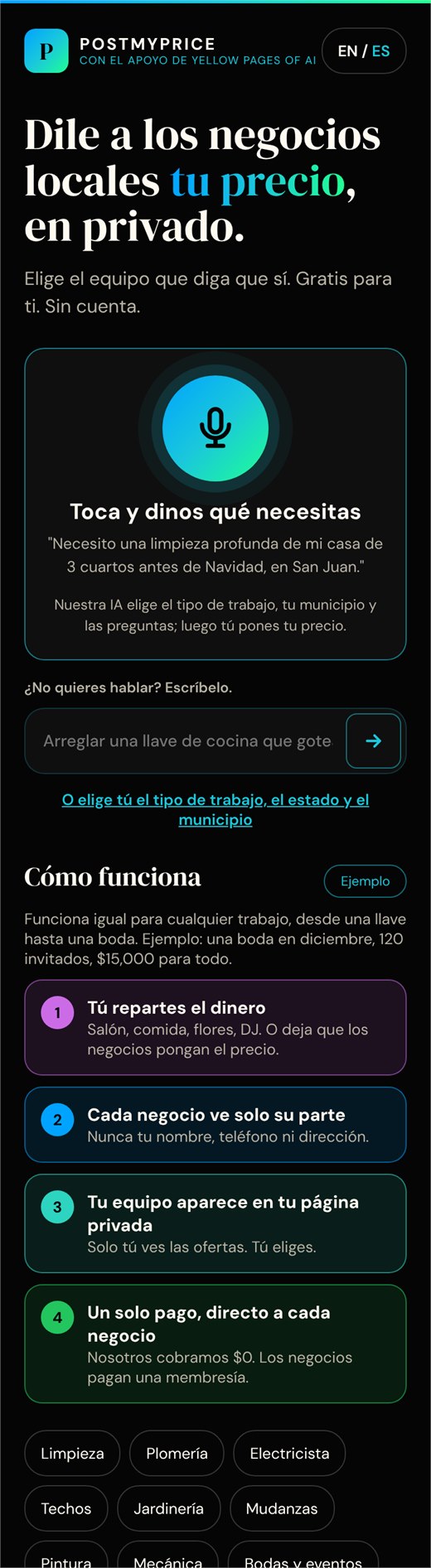 Inicio de PostMyPrice · diseño en español